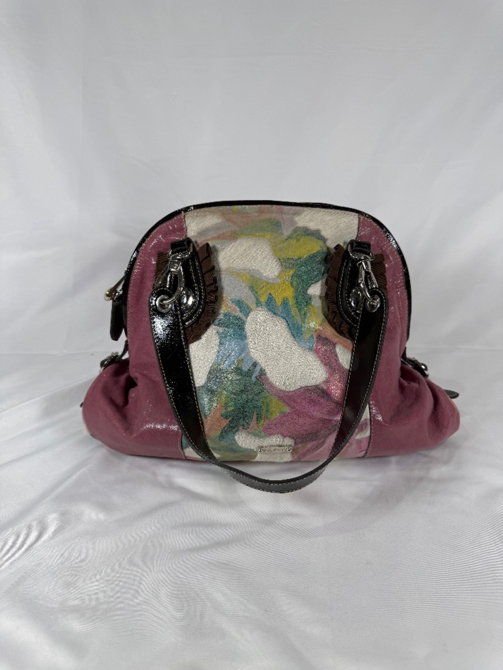 Pulicati Italy Floral Haircalf Leather Satchel Designer Pink Purse